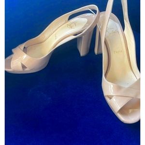 Christian Louboutin nude patent leather Sling back Sandals with block heel.